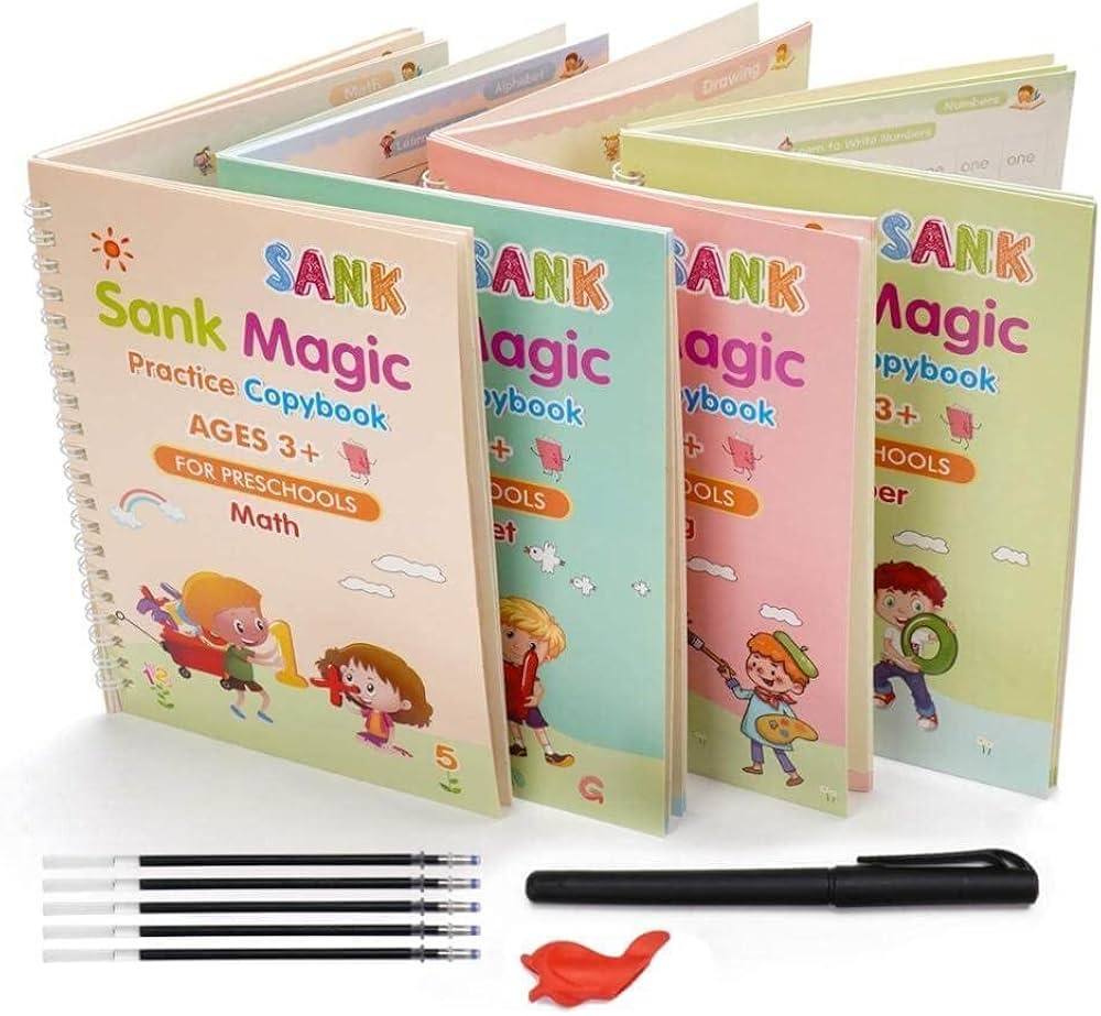 Magic Practice Copybook, (4 Book + 10 Refill+ 1Pen +1 Grip) Number Tracing Book for Preschoolers with Pen, Magic Calligraphy Copybook Set Practical Writing Tool Simple Hand Lettering