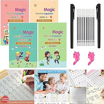 Magic Practice Copybook, (4 Book + 10 Refill+ 1Pen +1 Grip) Number Tracing Book for Preschoolers with Pen, Magic Calligraphy Copybook Set Practical Writing Tool Simple Hand Lettering