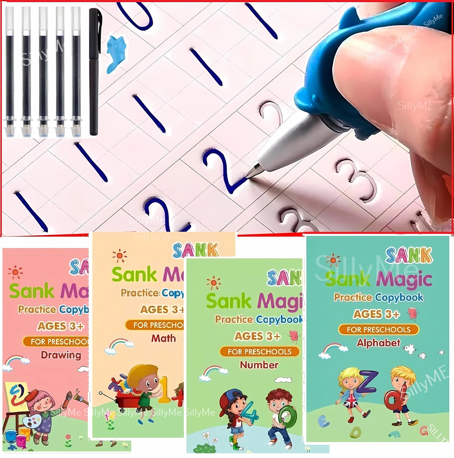 Magic Practice Copybook, (4 Book + 10 Refill+ 1Pen +1 Grip) Number Tracing Book for Preschoolers with Pen, Magic Calligraphy Copybook Set Practical Writing Tool Simple Hand Lettering