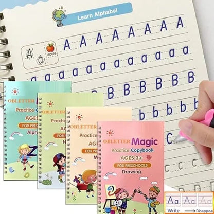 Magic Practice Copybook, (4 Book + 10 Refill+ 1Pen +1 Grip) Number Tracing Book for Preschoolers with Pen, Magic Calligraphy Copybook Set Practical Writing Tool Simple Hand Lettering