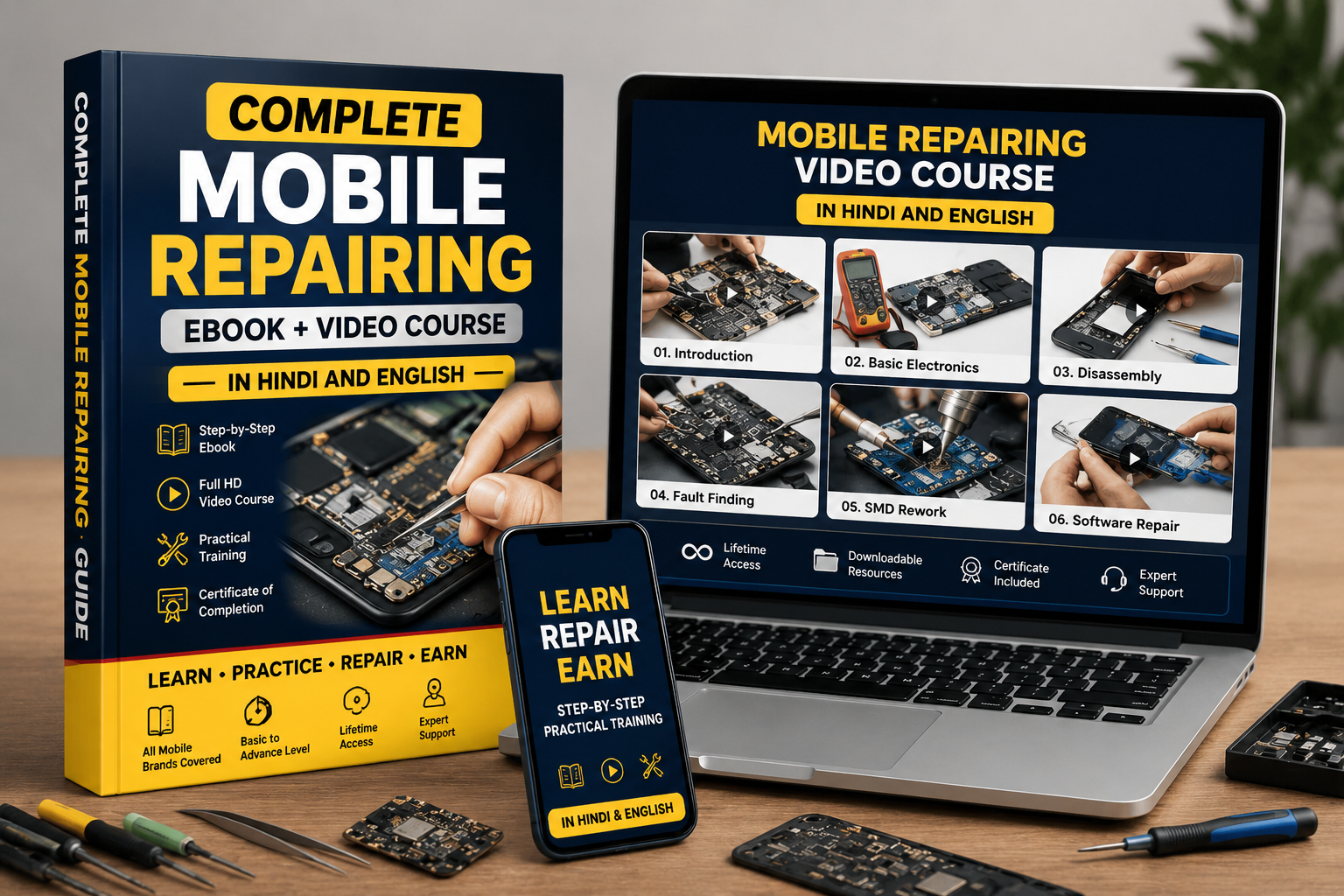 Complete Mobile Repairing eBook and Video Course in Hindi and English, shown on a book, laptop and phone beside repair tools